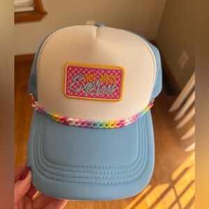 Blue and White Trucker Hat with Colorful Patch & Hat Chain